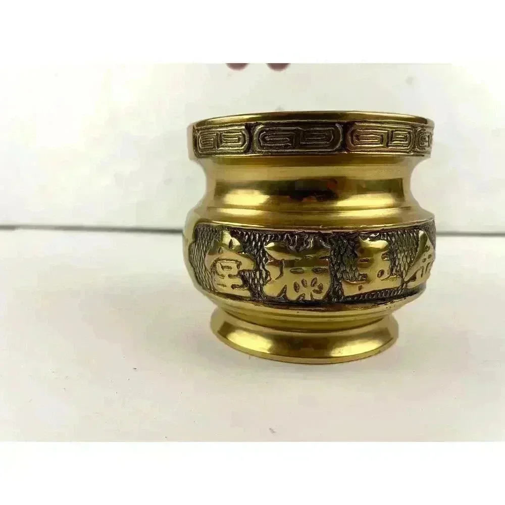 VTG Brass Chinese Dragon Bowl‎ Small Pot Incense Etched Design 3.25
